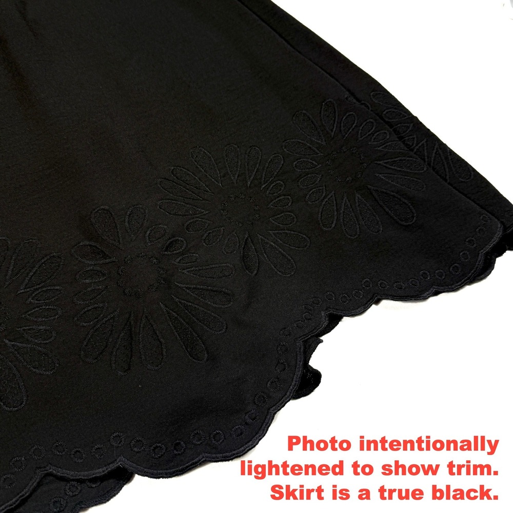 Adrianna Papell Embroidered Floral Scalloped Hem Black Midi Skirt Small A-Line - Picture 2 of 9